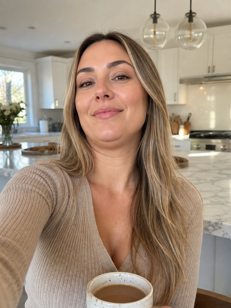 The same woman at a kitchen island shot from a low, close phone angle, her chin and jaw looking soft.