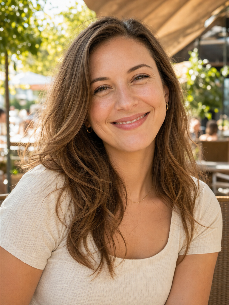 The same woman with a genuine eyes-engaged smile and a slight lower-lid squinch, eyes warm and crinkled.