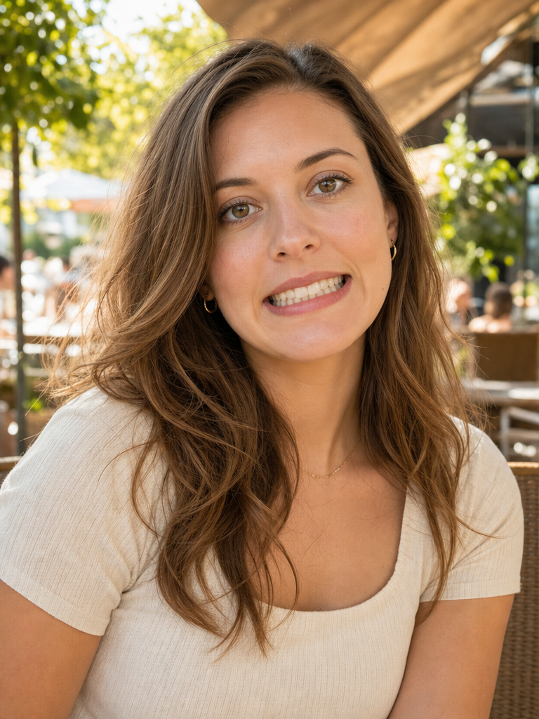 The same woman with a forced mouth-only "cheese" smile, her eyes flat and disengaged.