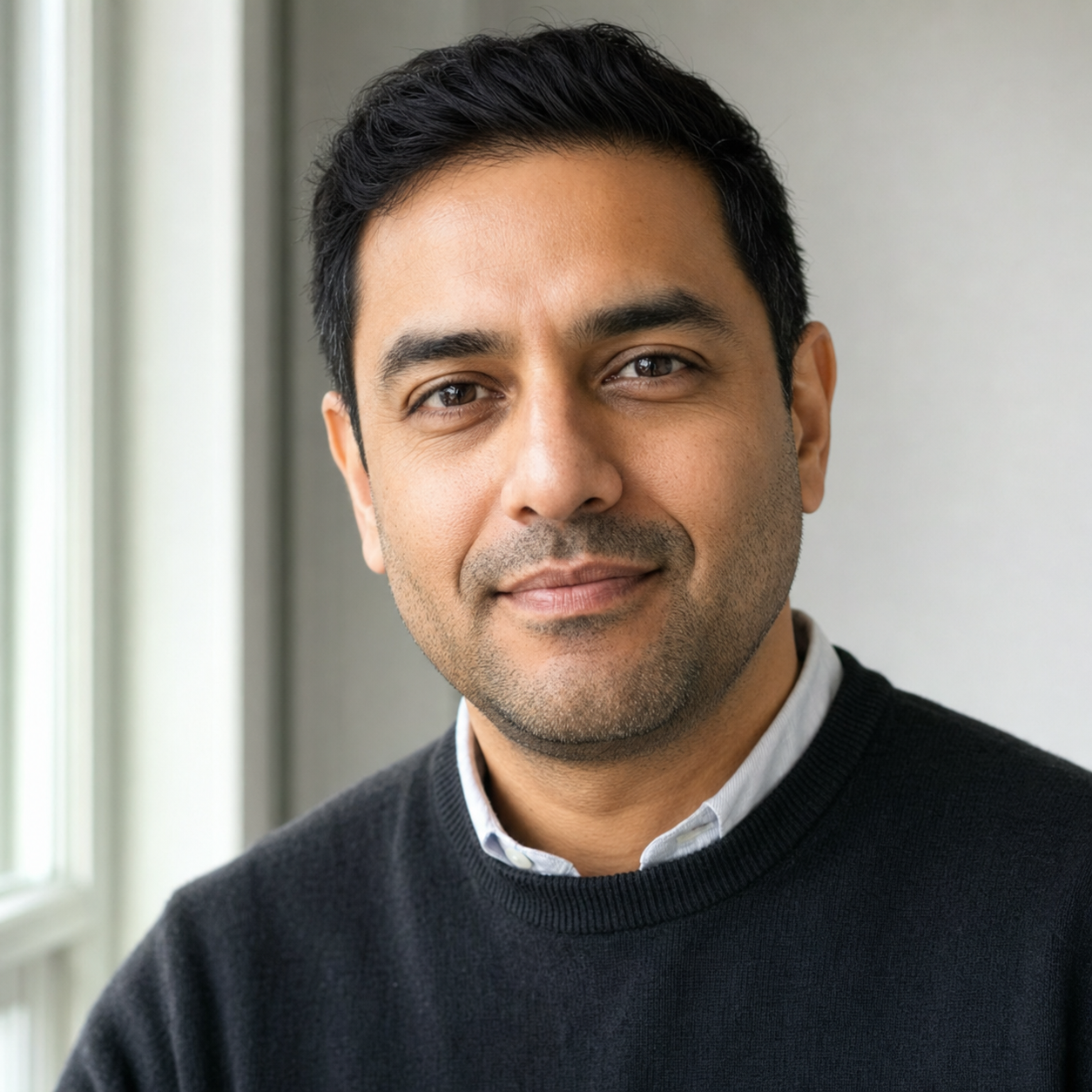 A clean professional headshot taken at home with soft window light: a man in a charcoal knit sweater against a defocused light-grey wall, natural skin texture, the kind of result the at-home setup plus the right prompt produces.