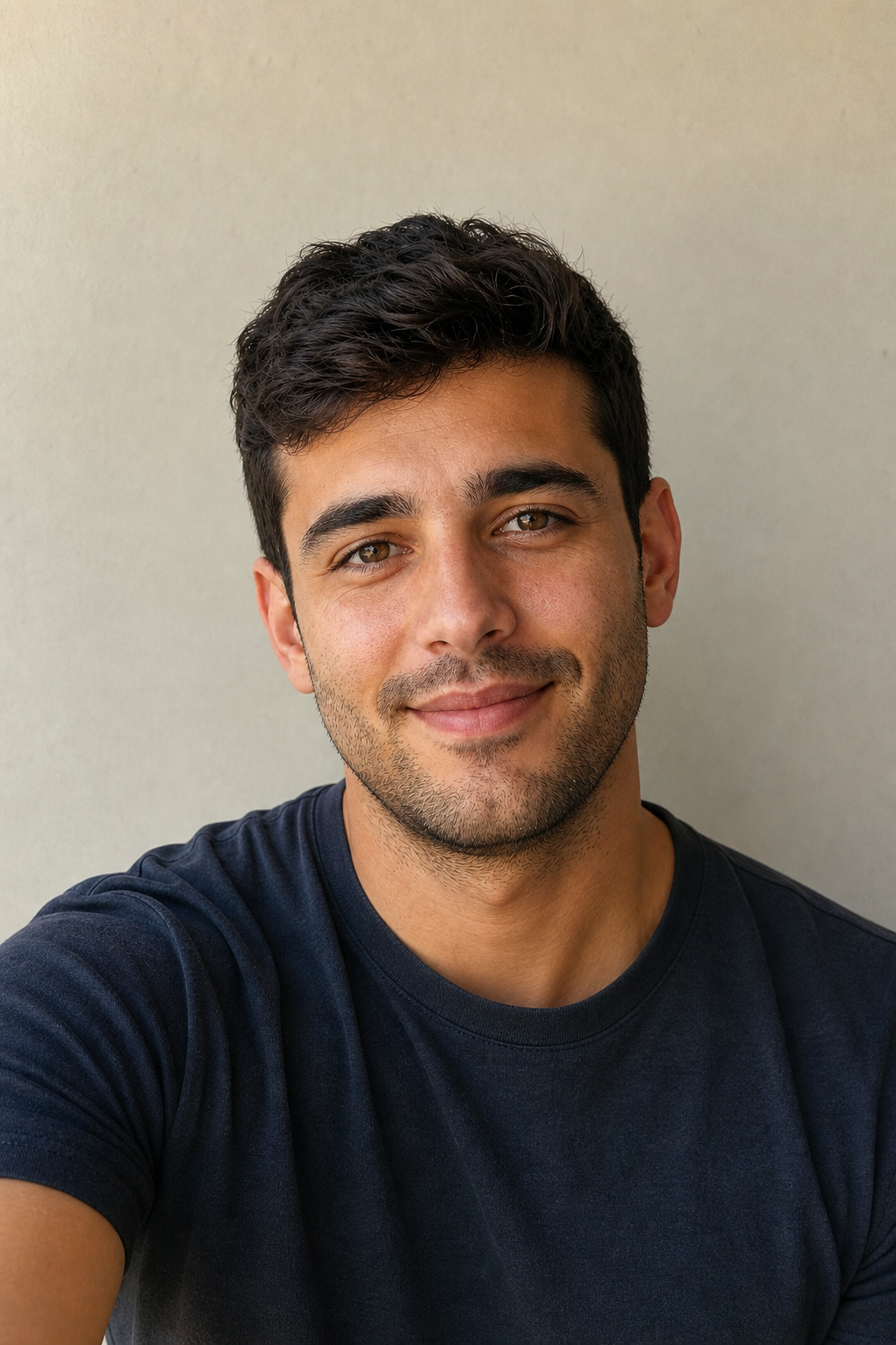 A clear, warm, well-lit head-and-shoulders selfie of a man, the kind that works as a dating-app lead photo.