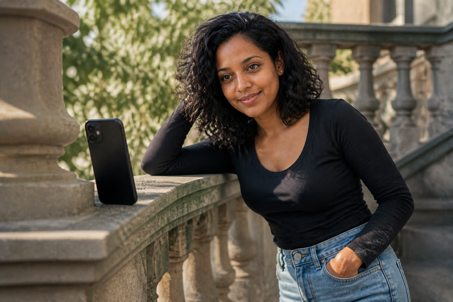 A woman leaning into a pre-set composition while her phone sits wedged in a railing aimed at the spot, the lean-and-frame self-capture method.