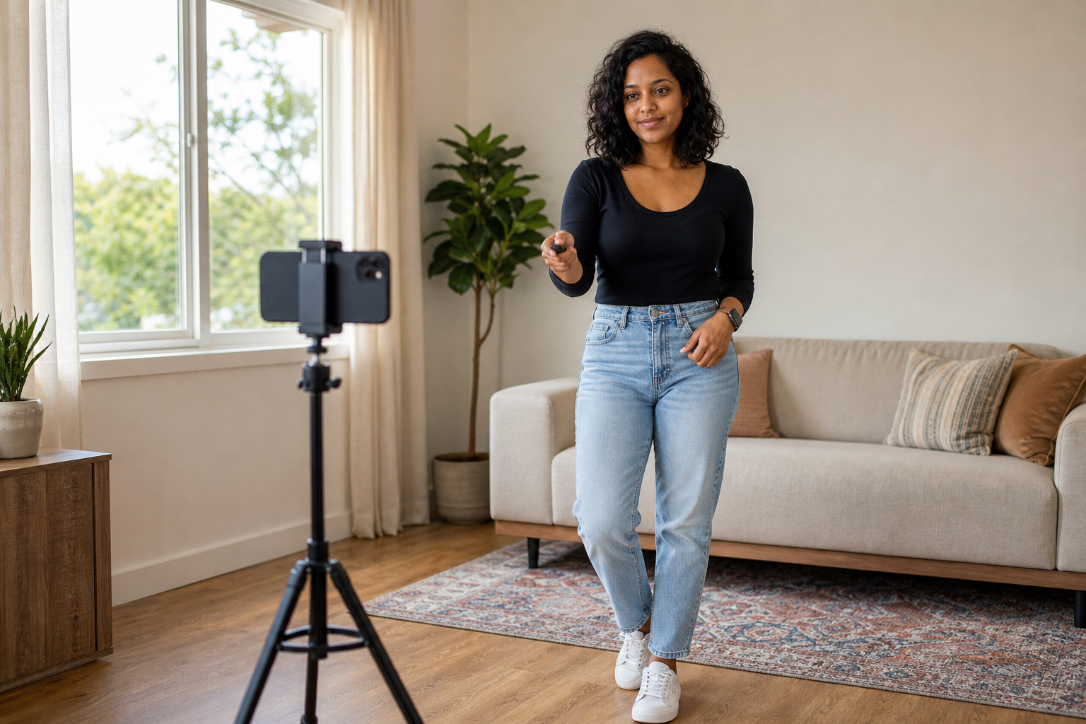 A woman standing full-body a few steps from her phone on a small tripod, triggering the shutter with a watch remote.