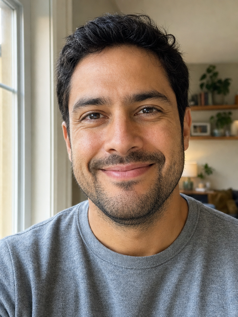 The same man with a real smile and the squinch, his lower eyelids lifted and his eyes warm and engaged.