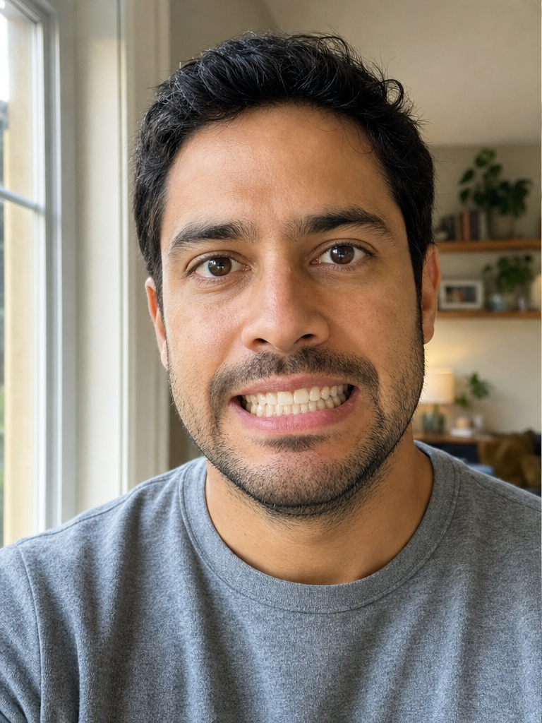 A man by a window with a forced say-cheese smile, his mouth stretched wide but his eyes flat and unengaged.