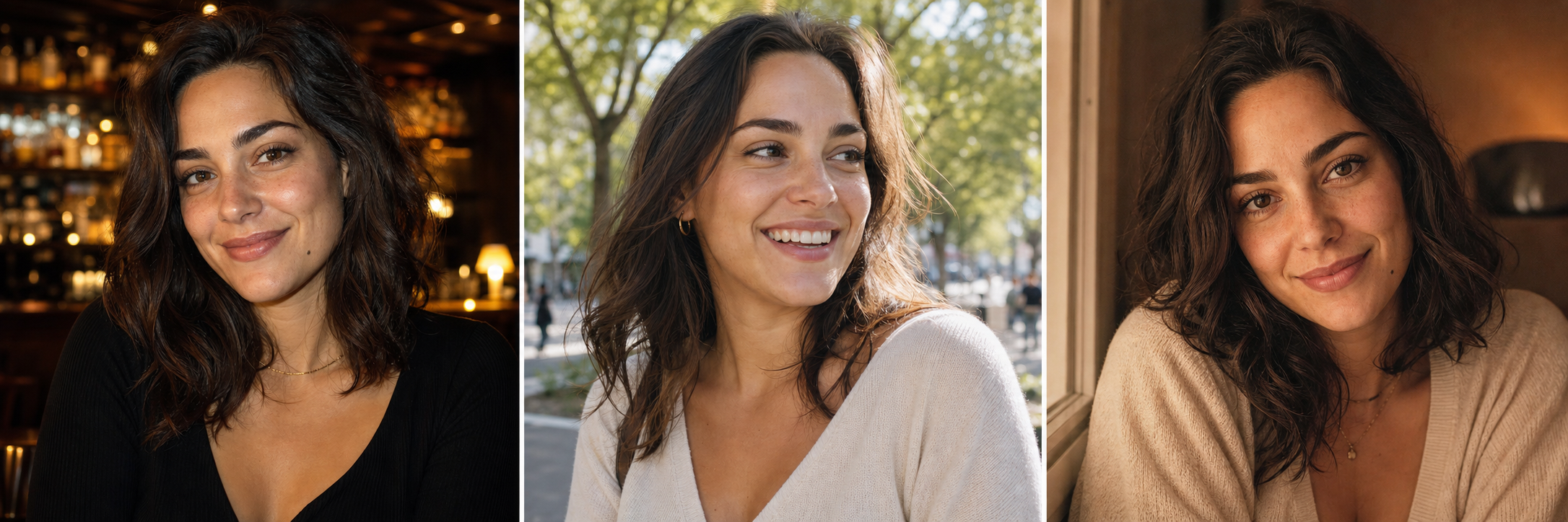 A three-panel showcase of the same woman from one selfie: left, a date-night photo in a warm bar; center, a relaxed outdoor candid in daylight with an easy smile; right, an intimate warm indoor crush photo, the same recognizable face across all three.