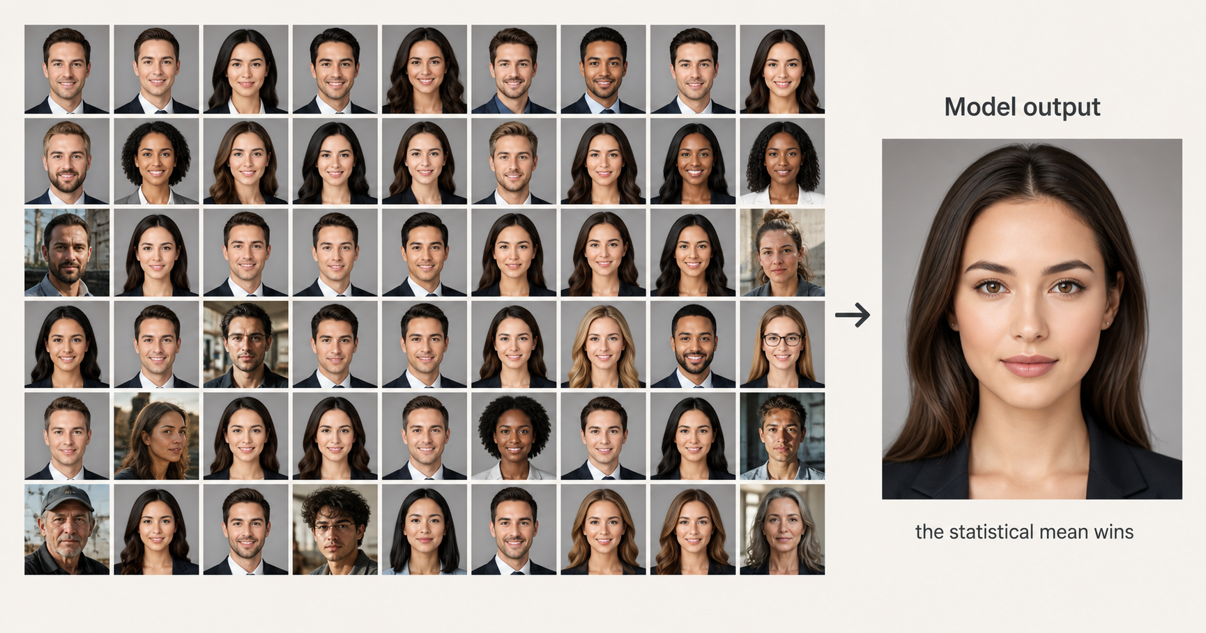 Stylized illustration of an AI image model's training distribution: a stack of retouched stock-portrait magazine covers, advertising headshots, and editorial reels feeding into the model, with airbrushed porcelain skin as the dominant signal pulled forward into the model's default output for "face."