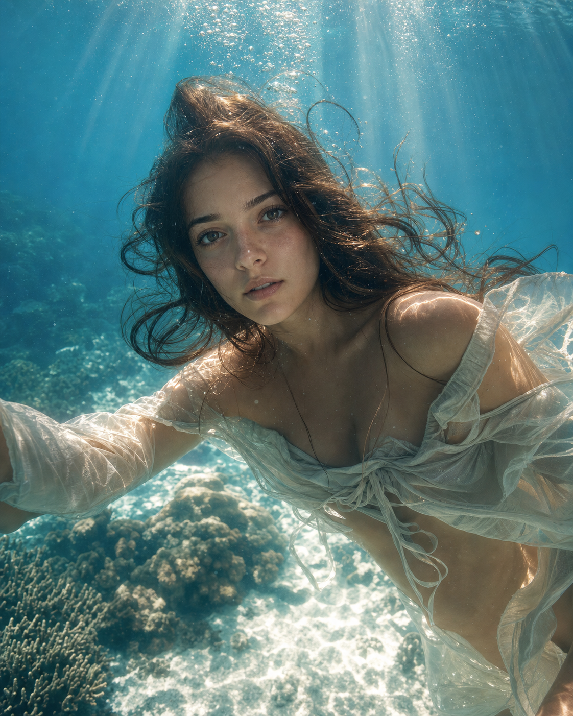 An AI photoshoot underwater look: a woman submerged in sunlit blue water with flowing fabric, a dreamlike fashion-editorial portrait.