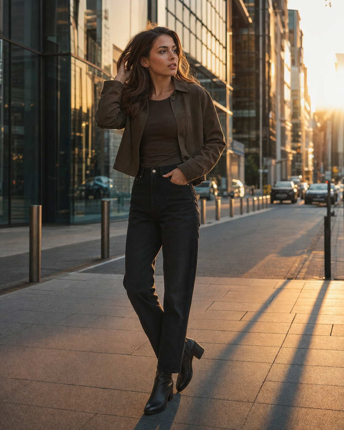 An AI photoshoot golden-hour street-editorial look: a woman walking a sunlit city street at sunset in a cropped jacket, full-body candid editorial.