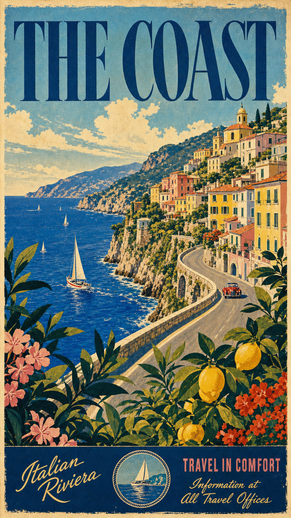 The same coastal view rebuilt as a vibrant 1950s-style screen-print travel poster with a cliff road, a blue sea with sailboats, a pastel village, and leafy foreground framing, titled THE COAST.