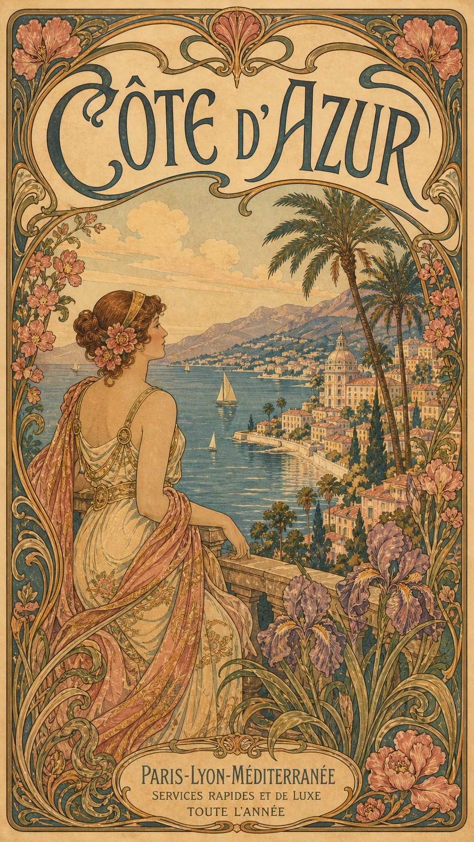 An Art Nouveau Belle Époque travel poster of the French Riviera with a sinuous floral border, flowing linework, a pastel bay, and elegant lettering, titled CÔTE D'AZUR.