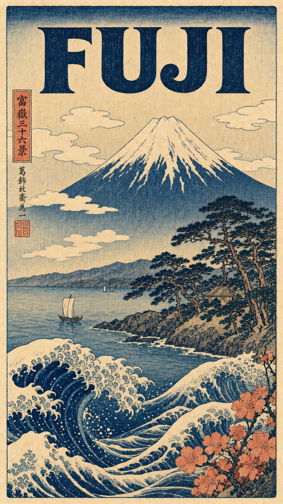 A Japanese ukiyo-e woodblock-style travel poster of Mount Fuji beyond stylized cresting waves and a pine shore, in flat indigo-and-coral woodblock color with visible woodgrain, titled FUJI.
