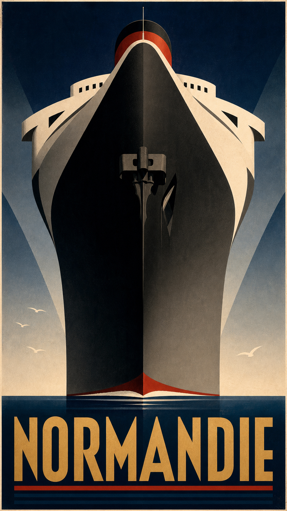 A 1930s Art Deco Cassandre-style travel poster of a transatlantic ocean liner seen from a dramatic low angle, in bold geometric navy-and-gold color blocks, titled NORMANDIE.