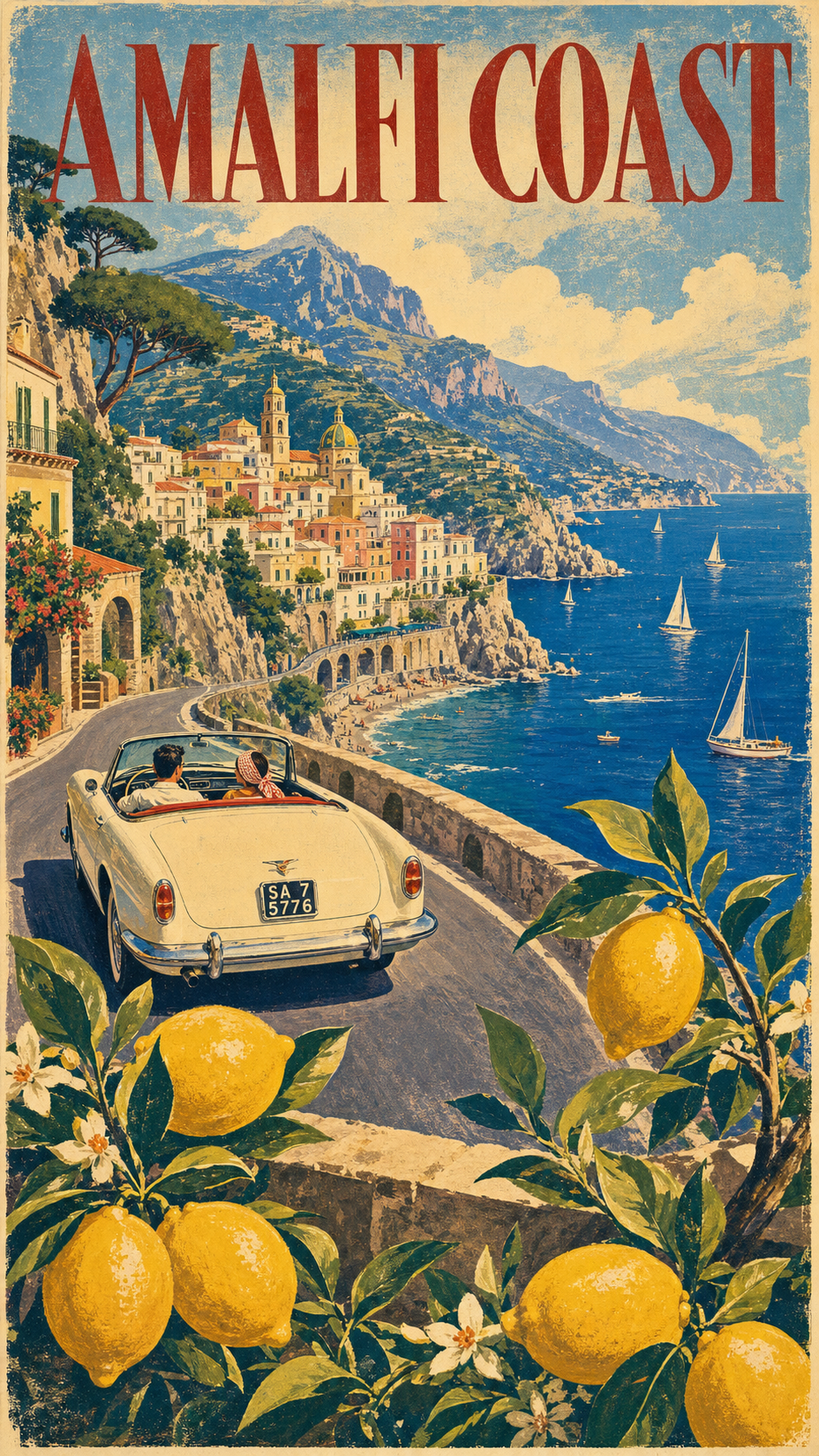 A vibrant 1950s-style screen-print travel poster of the Amalfi Coast with a white convertible on a cliff road, a pastel village, a blue sea with sailboats, and lemon branches framing the foreground, titled AMALFI COAST.