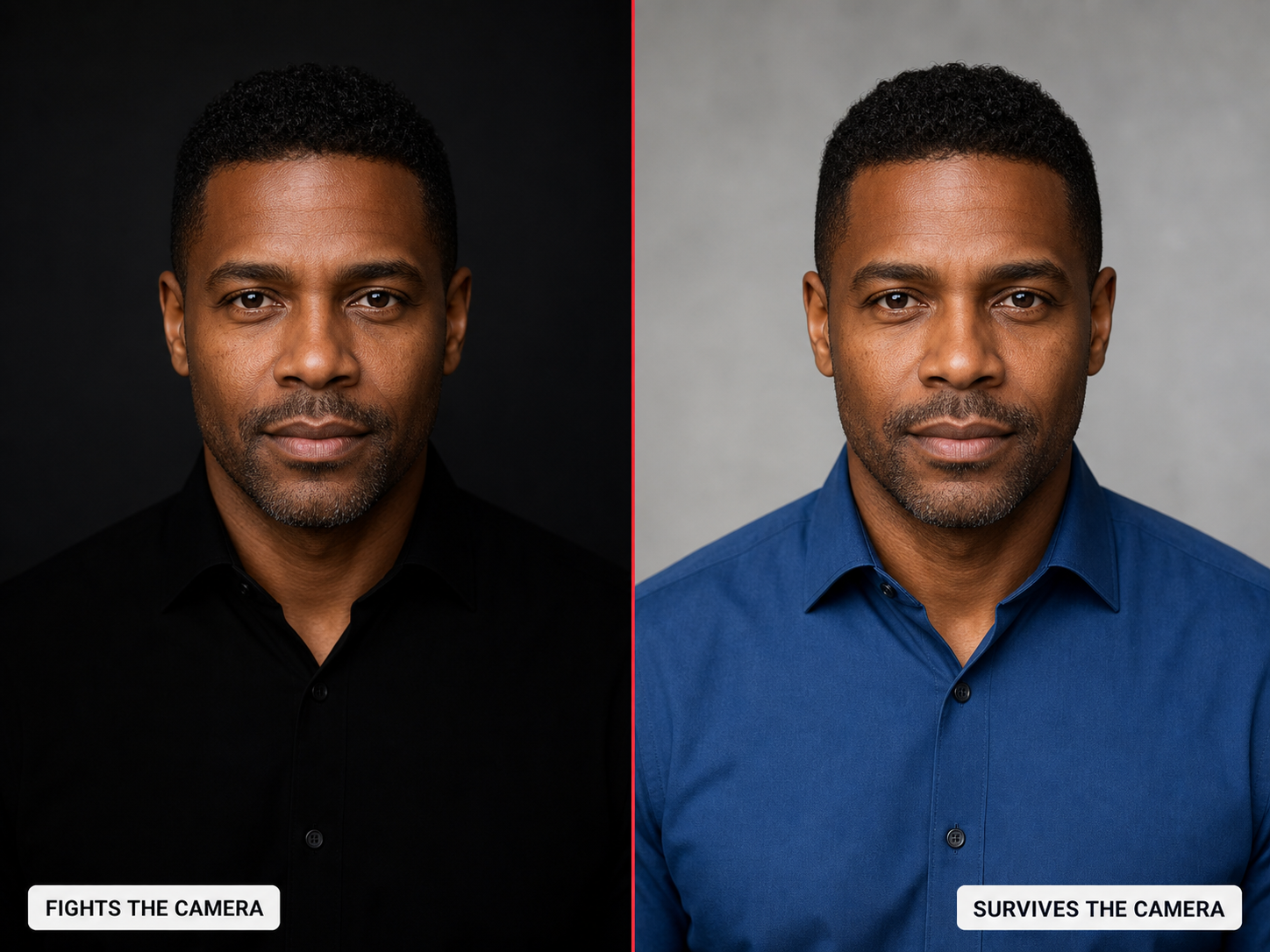 Before-and-after headshot comparison of the same man with deep brown skin, left in a glossy pure-black shirt against a near-black backdrop where shoulders and wall merge into one dark mass, right in a mid-blue shirt against a light-gray backdrop with clean separation and dimensional skin, showing how a too-dark color loses detail while a mid-tone survives the camera.