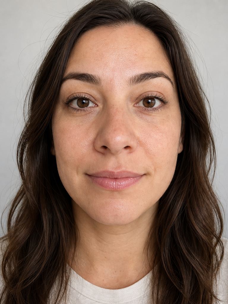 The same woman in a close phone selfie taken about a foot away, her nose and the center of her face stretched wider by the short camera distance.