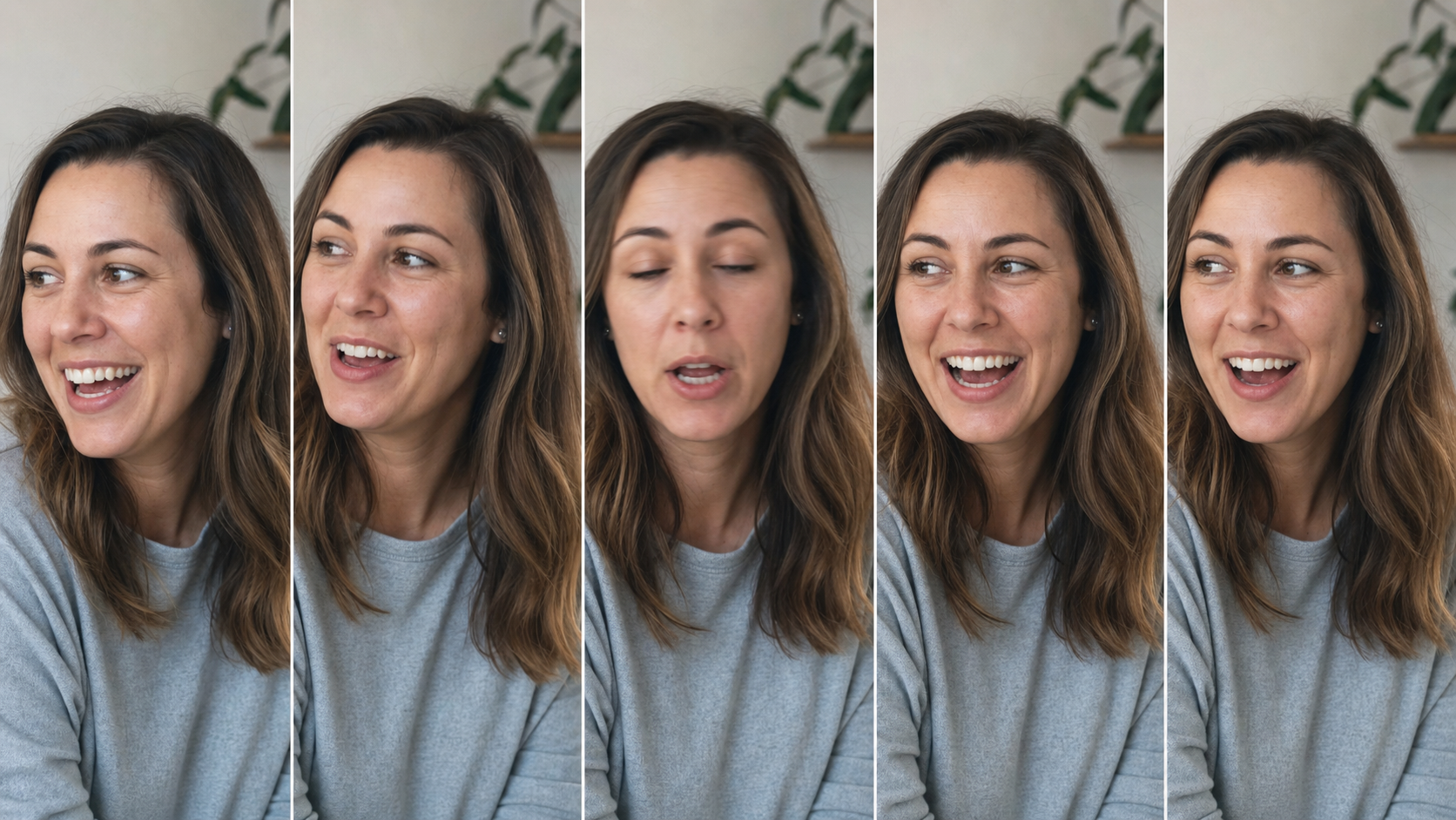 A strip of five video frames of the same woman mid-laugh; four look warm and alive while one frozen mid-blink frame looks awkward, the kind a photo accidentally catches.