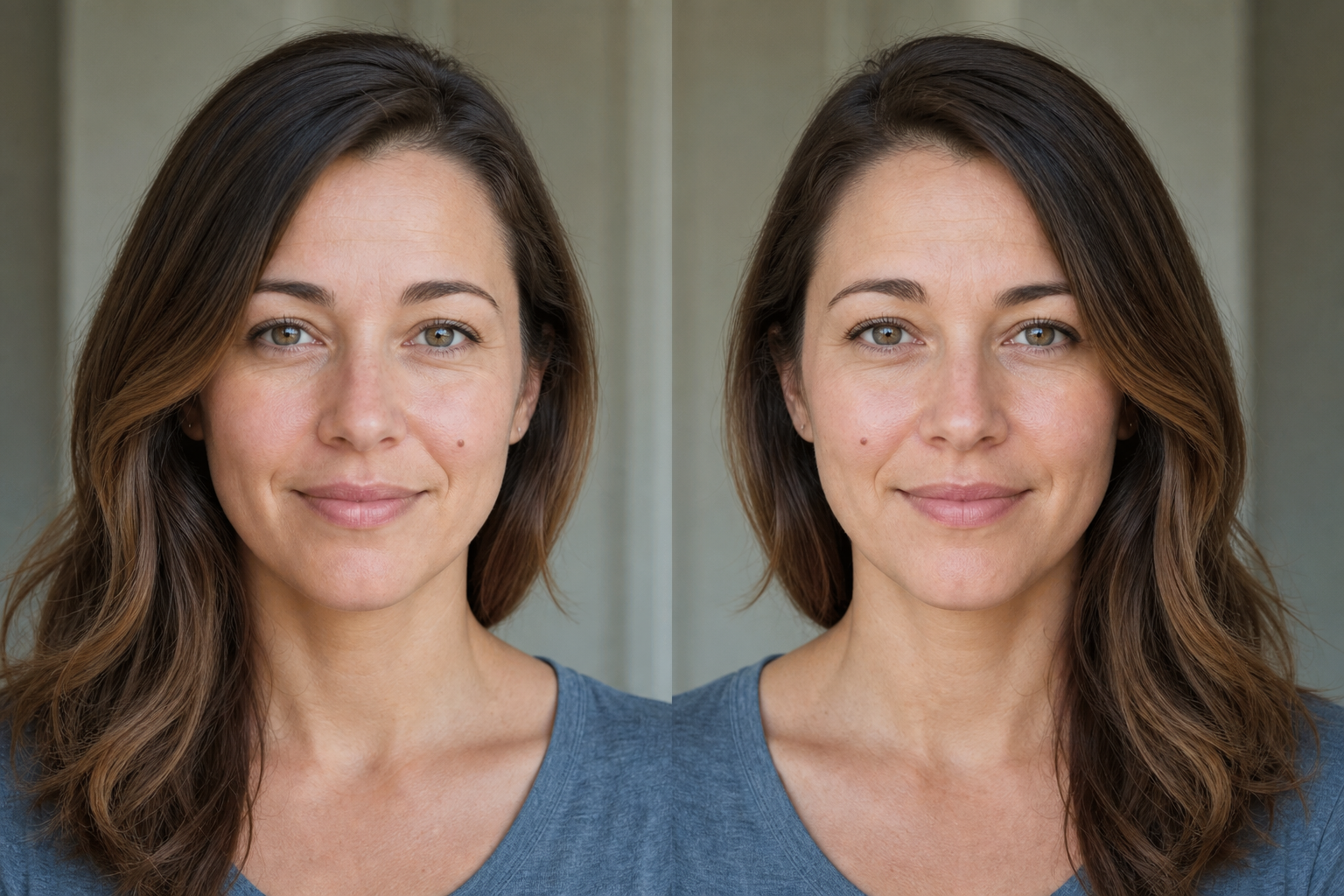 The same woman's face shown twice, the left panel mirror-flipped like her reflection and the right panel the un-flipped version a camera captures, with her natural asymmetry sitting on opposite sides.