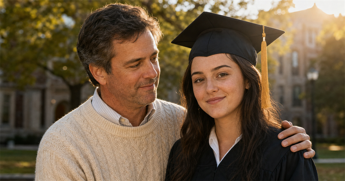 AI-generated graduation portrait: a young graduate stands next to her late father, his face identity-locked from a separate uploaded reference photo, both in matched warm afternoon light.