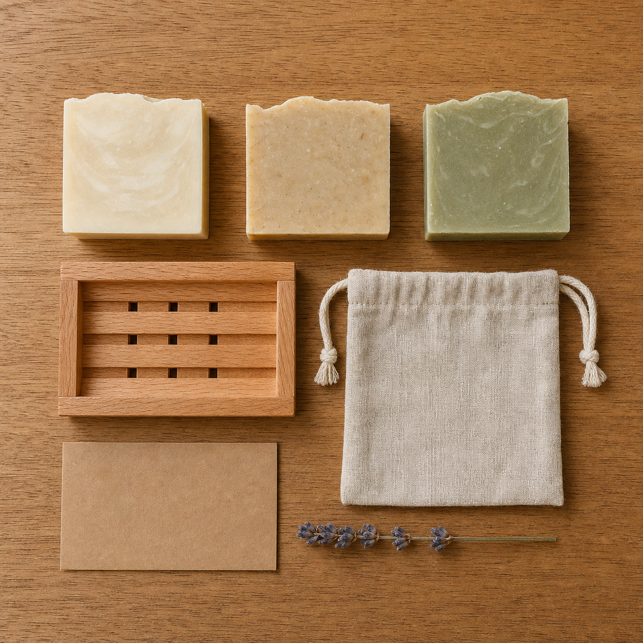 Top-down knolling flat-lay of an Etsy handmade soap bundle on warm natural oak — three bars of cold-process soap, a wooden soap dish, a linen drawstring bag, a kraft thank-you card, and a sprig of dried lavender — AI-generated example of the slot-4 what's-included listing photo for a soap maker.