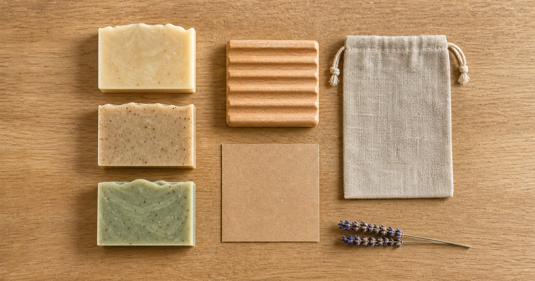 Top-down knolling flat-lay product photo of three bars of handmade soap, a small wooden soap dish, a natural linen drawstring bag, a kraft-paper thank-you card, and a sprig of dried lavender, arranged with even spacing on warm natural oak wood, an AI-generated example of an Etsy slot-4 'what's included' listing photo that replaces a $400 product shoot.