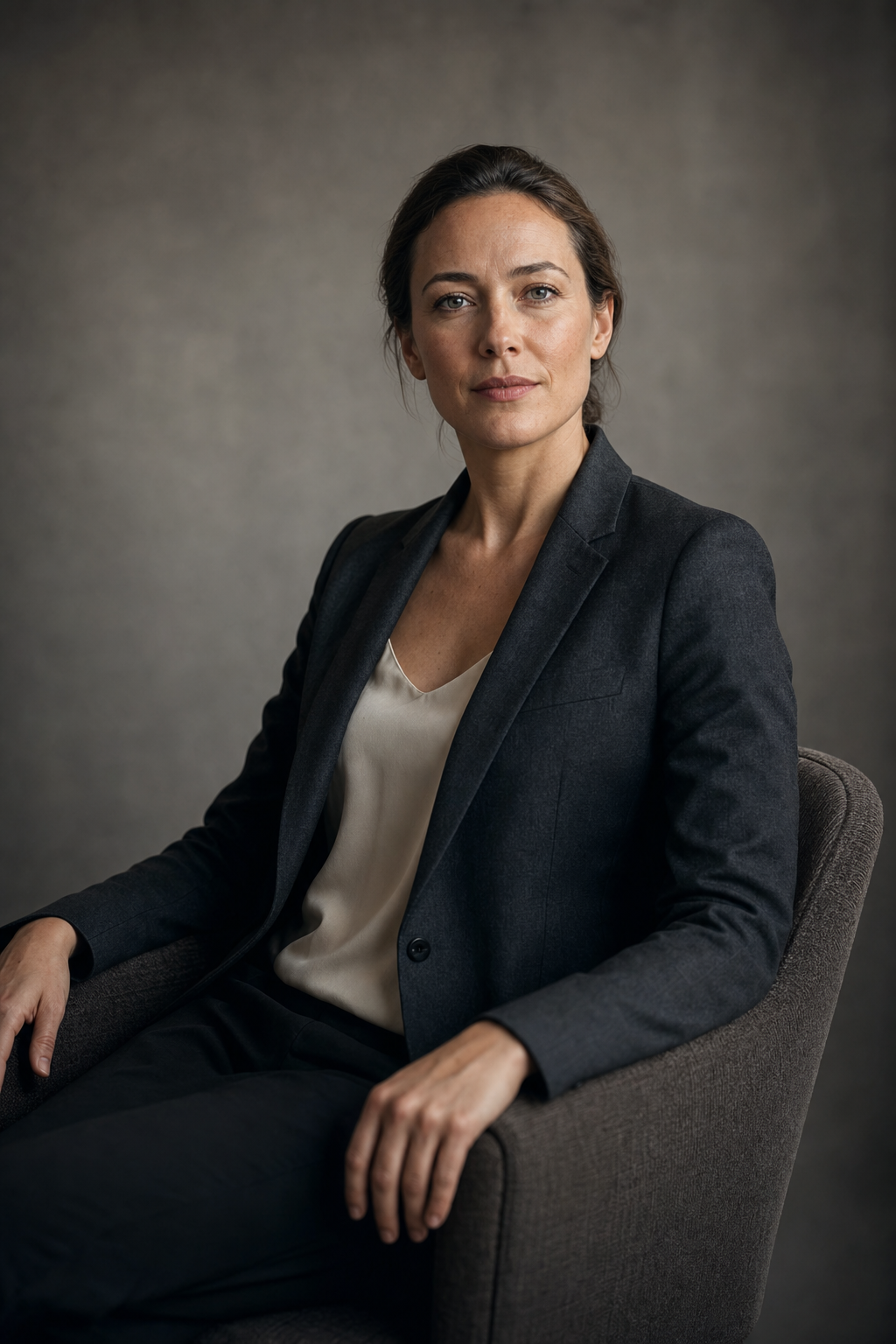 Cinematic editorial AI founder portrait of a 38-year-old female solo strategy consultant in a charcoal blazer and cream silk shell, seated three-quarters to camera against a warm-grey paper backdrop with 85mm shallow depth of field, identity-locked through the realistic AI headshot prompt.