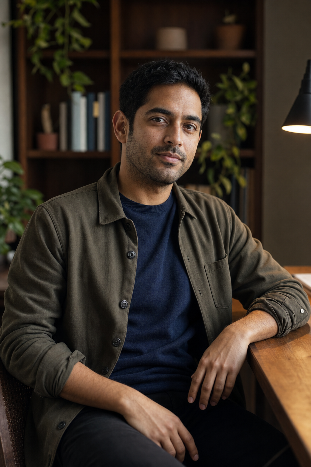 Cinematic editorial AI founder portrait of a 33-year-old male indie SaaS founder in a navy crew and olive overshirt, seated three-quarters to camera in a quiet home office with a soft walnut bookshelf behind him, identity-locked through the realistic AI headshot prompt.
