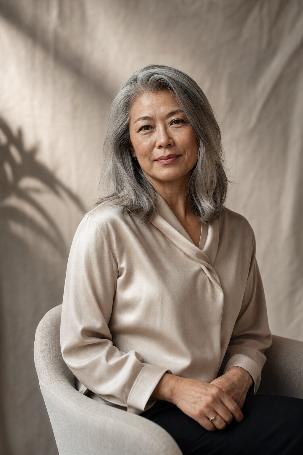 Cinematic editorial AI founder portrait of a 54-year-old female executive coach with silver-grey hair, in an oatmeal silk blouse against a cream linen backdrop with soft directional key light, identity-locked through the realistic AI headshot prompt.