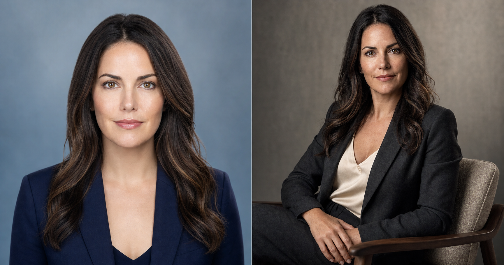 Side-by-side comparison of a fake-looking wax-figure AI headshot of a 38-year-old female solo consultant on the left, next to a cinematic editorial $1,200 studio-quality AI founder portrait of the same person on the right, illustrating why AI headshots look fake and what the fix looks like.