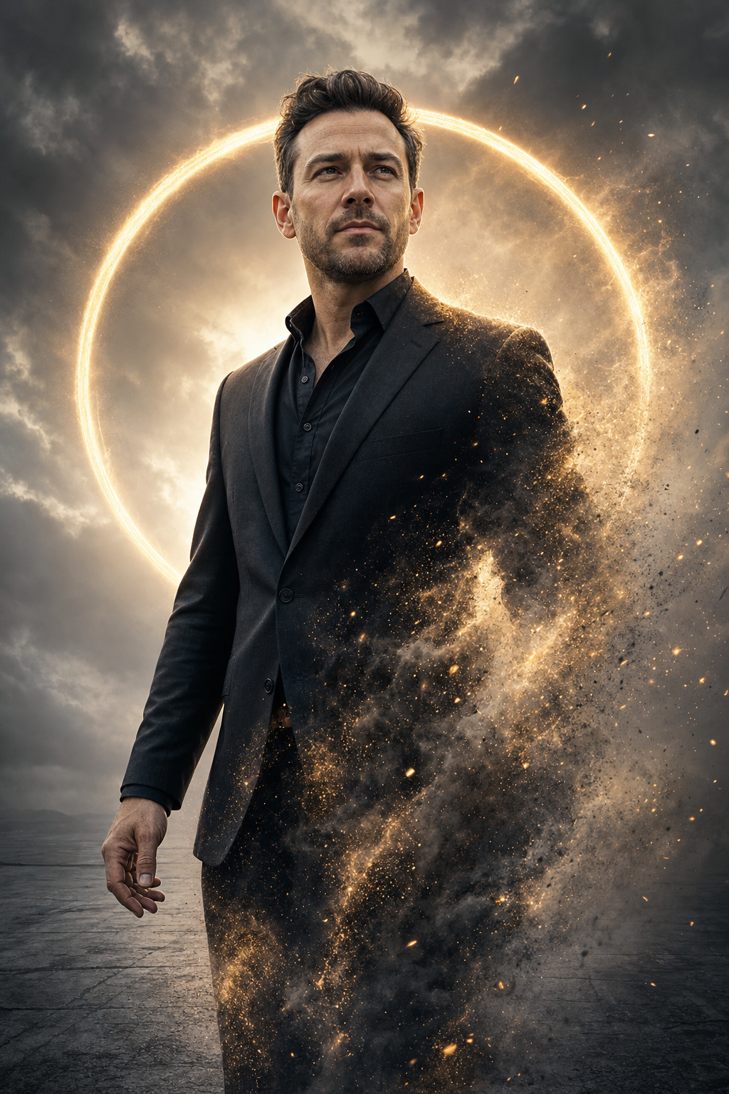 AI book-launch hero portrait teaser: three-quarter body, forward-arriving pose, glowing backlight ring, lower torso dissolving into amber-gold particles.