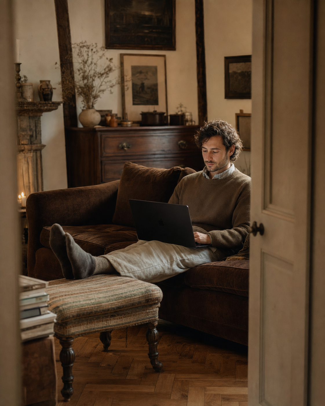 AI cozy-cottage laptop founder portrait teaser: 4:5 vertical, subject on a velvet sofa with a laptop on lap, warm afternoon window light, documentary fly-on-the-wall angle.