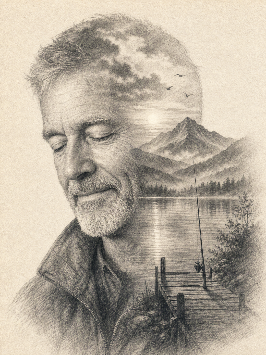 Pencil-sketch double-exposure portrait of a 60-something man's face on warm cream paper, with a misty sunrise lake, wooden dock, and fishing rod revealed inside his silhouette, the fishing-lake variant of the AI Father's Day gift prompt.