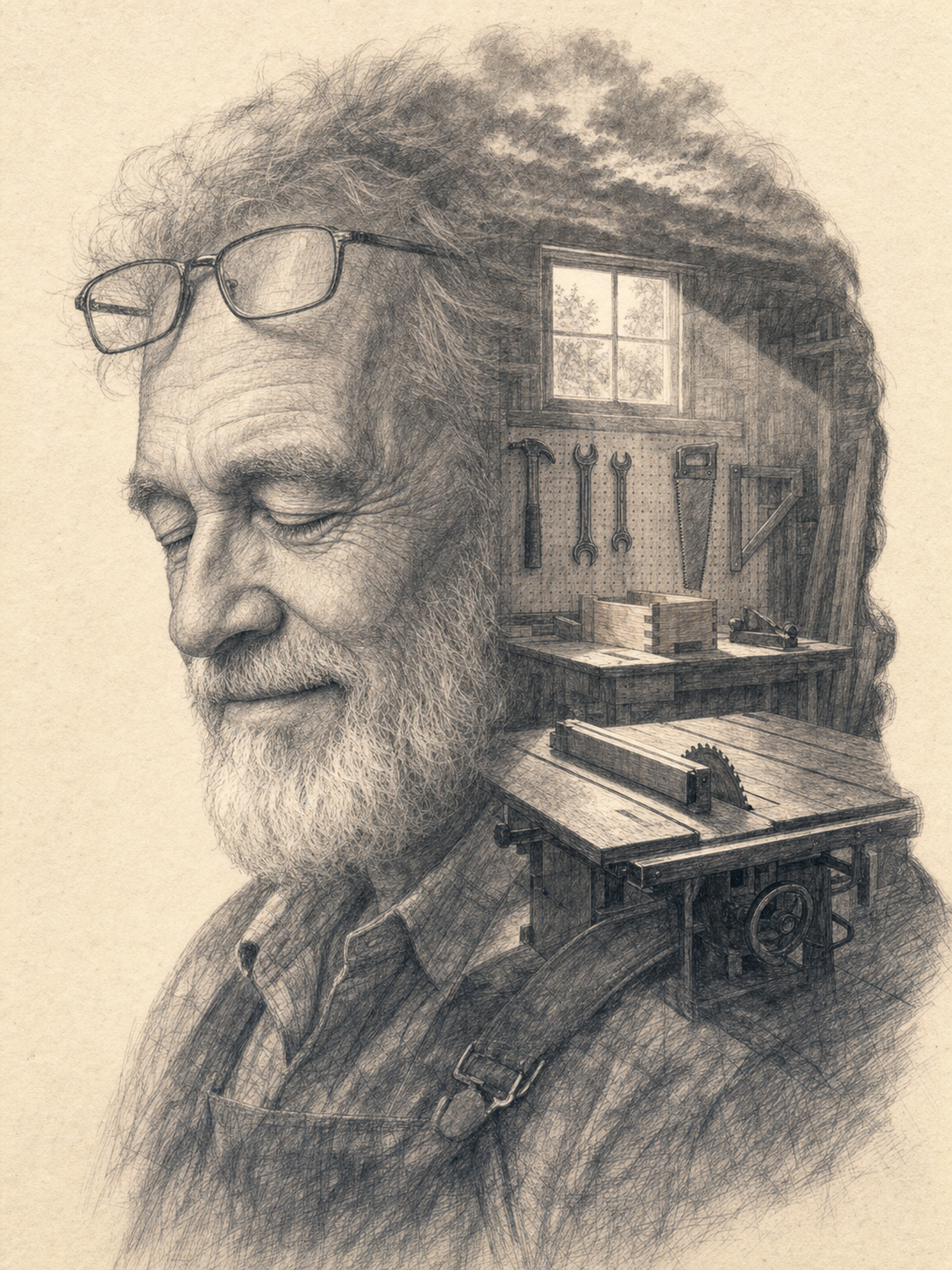 Pencil-sketch double-exposure portrait of a grandfather's face on warm cream paper, with a workshop interior including a table saw, hanging hand tools, and a workbench revealed inside his silhouette, the grandpa-workshop variant of the AI Father's Day gift prompt.