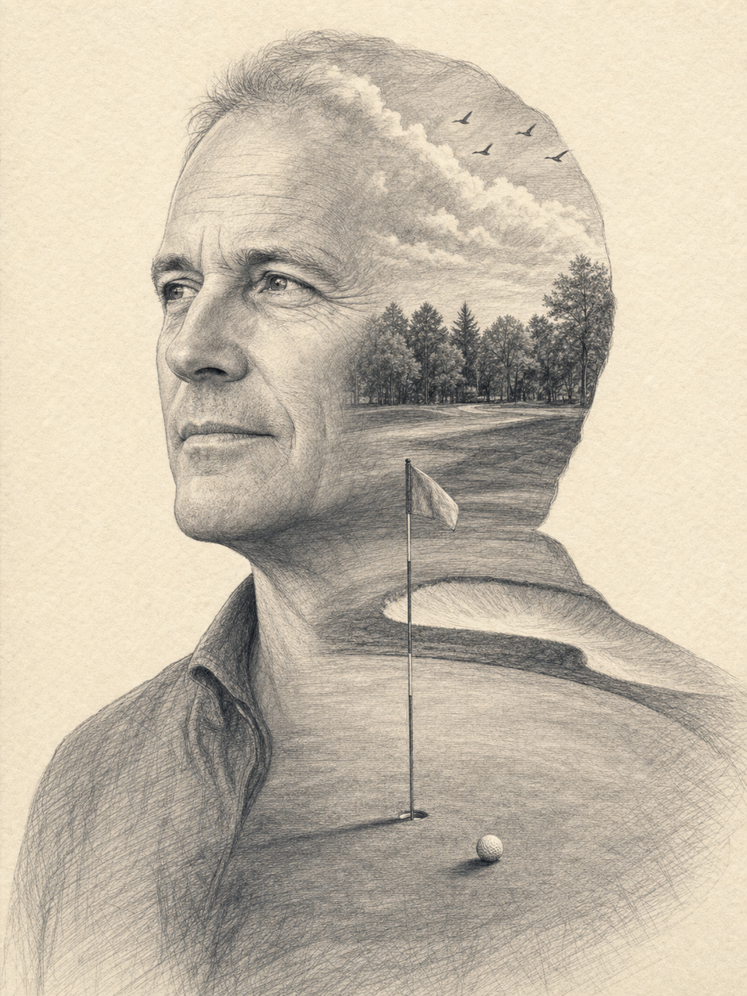 Pencil-sketch double-exposure portrait of a 55-year-old man's face on warm cream paper, with a golf course putting green, flagstick, and distant tree line revealed inside his silhouette, the golf variant of the AI Father's Day gift prompt.