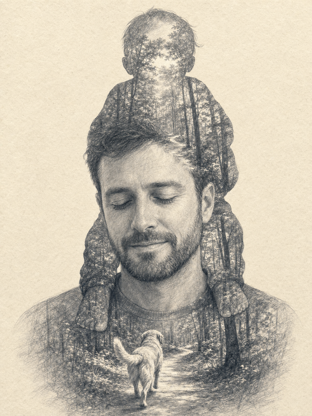 Pencil-sketch double-exposure portrait of a 35-year-old father with a small toddler silhouetted on his shoulders, on warm cream paper, with a wooded walking trail and a golden retriever ahead on the path revealed inside their combined silhouette, the dog-trail variant of the AI Father's Day gift prompt.