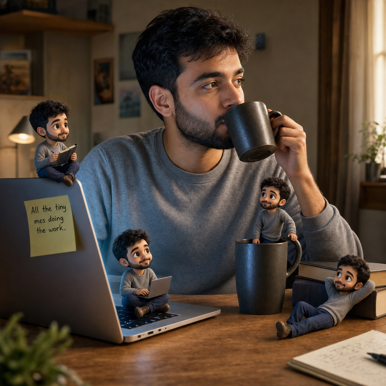 A 27-year-old man with short dark hair and a trimmed beard sits at a wooden desk mid-sip from a coffee mug, with four tiny 3D chibi versions of himself perched around him — one on the laptop spacebar, one on the laptop lid, one on the mug rim, one against a stack of books — an AI-generated example of the chibi mini-me effect with identity-locked tiny figures.