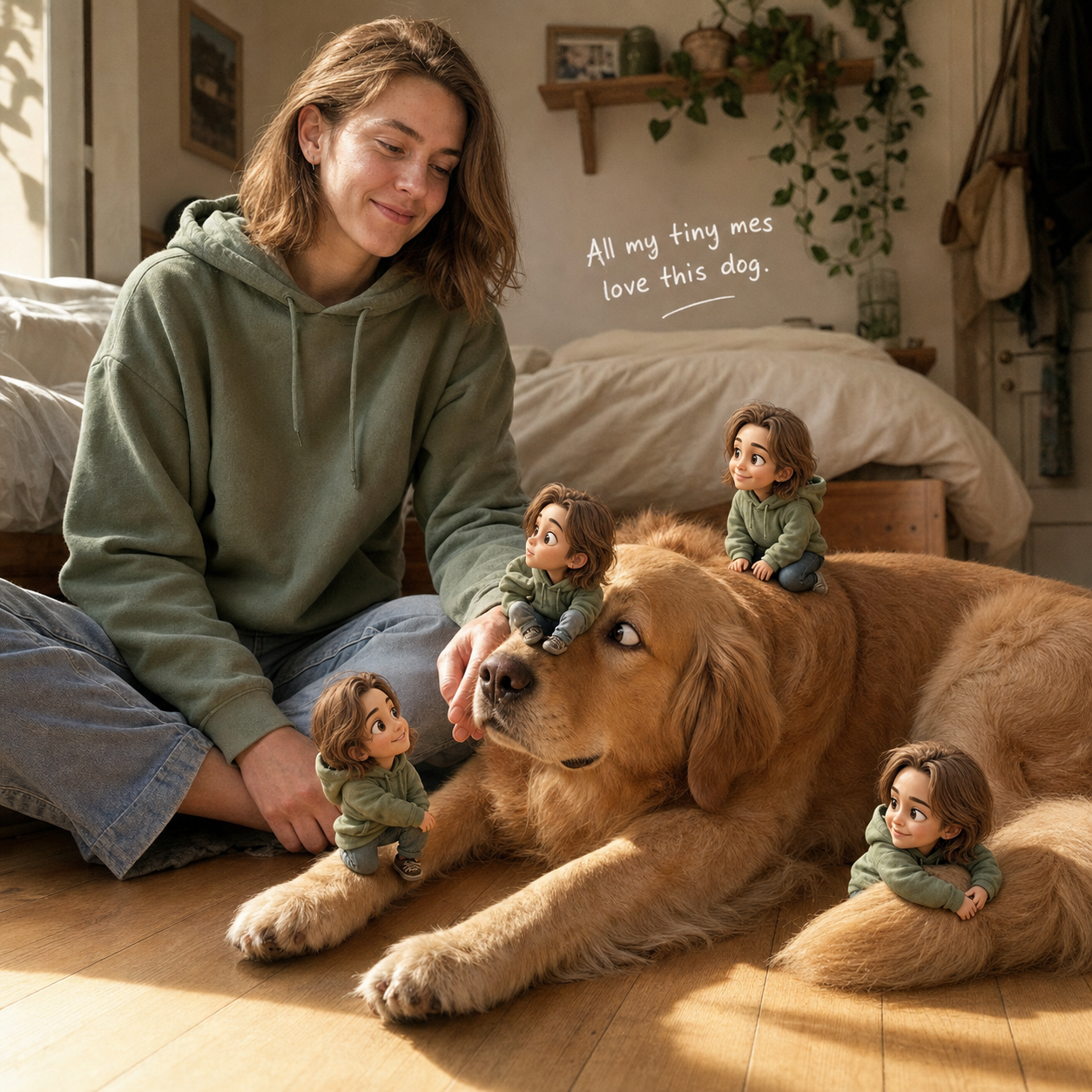 A 26-year-old person in a sage-green hoodie sits cross-legged on a sunlit bedroom floor with a golden retriever resting next to them, four tiny 3D chibi versions of themselves perched on the dog — one on the back, one on a paw, one on the nose, one hugging the tail — an AI-generated example of the chibi mini-me effect with pets in the scene.