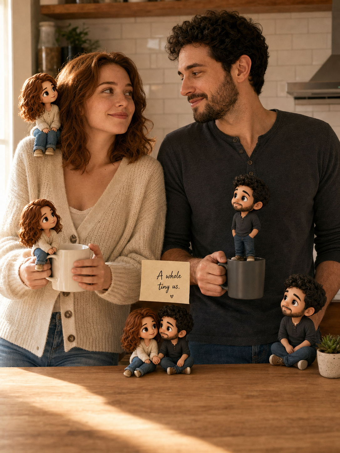 A young couple — woman with auburn wavy hair in a cream cardigan, man with dark curls in a charcoal henley — lean against a sunlit kitchen counter holding coffee mugs, with five tiny 3D chibi versions arranged around them — two of her, two of him, and a tiny chibi-couple holding hands between them — an AI-generated example of the chibi mini-me effect for couples.