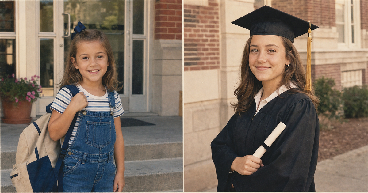 Side-by-side diptych: the same child on the first day of kindergarten (left, restored 2013 print) and on graduation day in 2026 (right, cap and gown), matched warmth and grain so both panels read as one album spread.