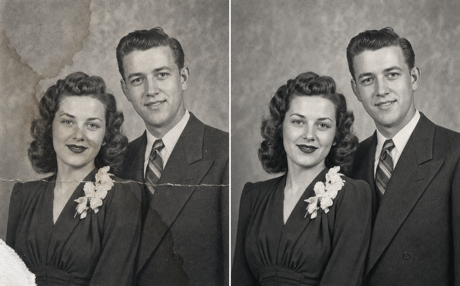 Before/after side-by-side of a 1948 black-and-white studio portrait of a young couple, original on the left with a diagonal water stain across the woman's shoulder and a torn lower-left corner, restored version on the right with the stain gone and the corner conservatively reconstructed while keeping both faces unchanged and the photograph still in pure black-and-white.