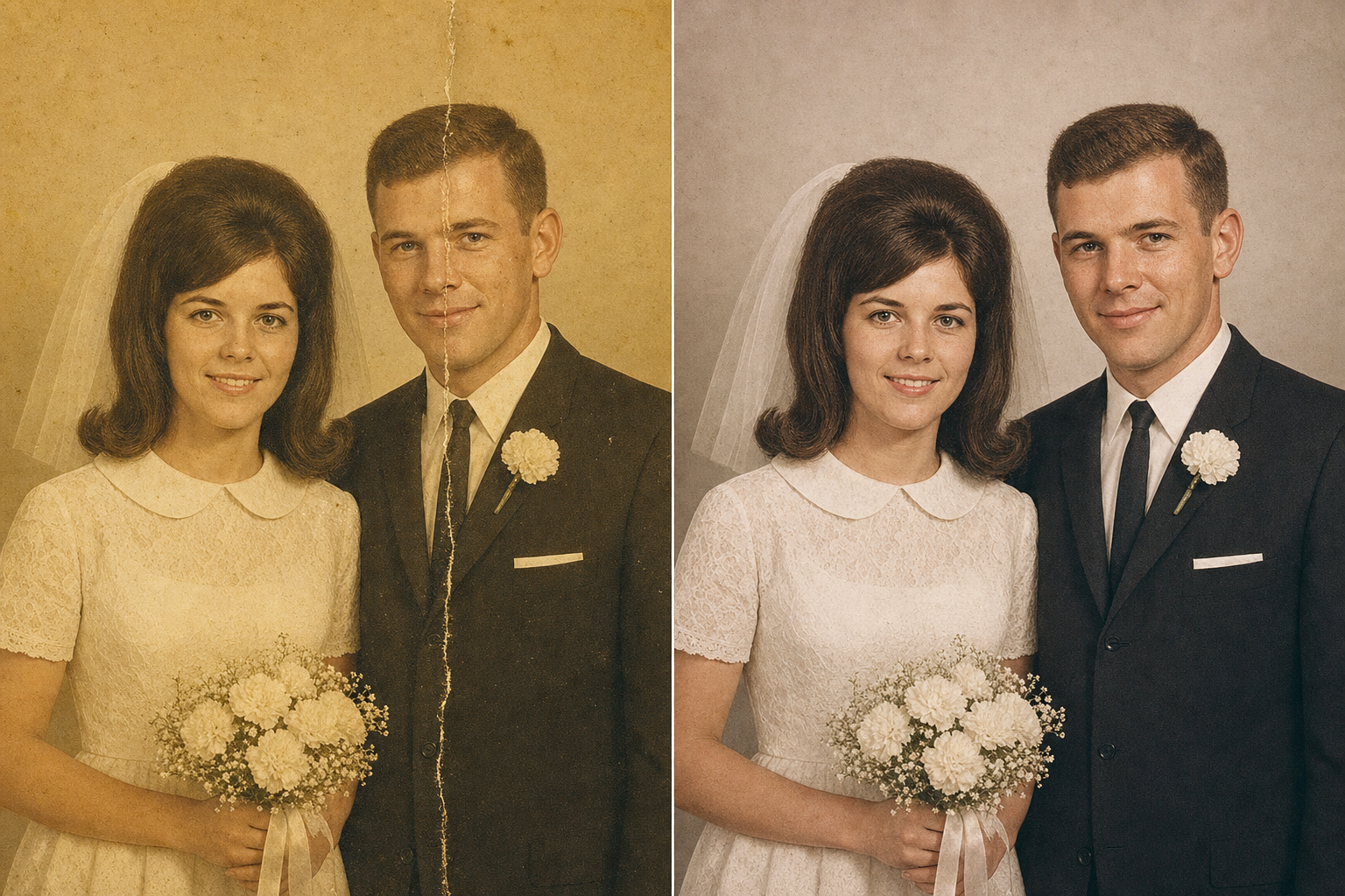 Before/after side-by-side of a 1960s wedding portrait of a bride and groom, original on the left with heavy yellowing and a hard physical crease running through the groom's face, restored version on the right with the crease gone and the groom's same face (same jawline, same cheekbone, same hairline) preserved through the repaired region.