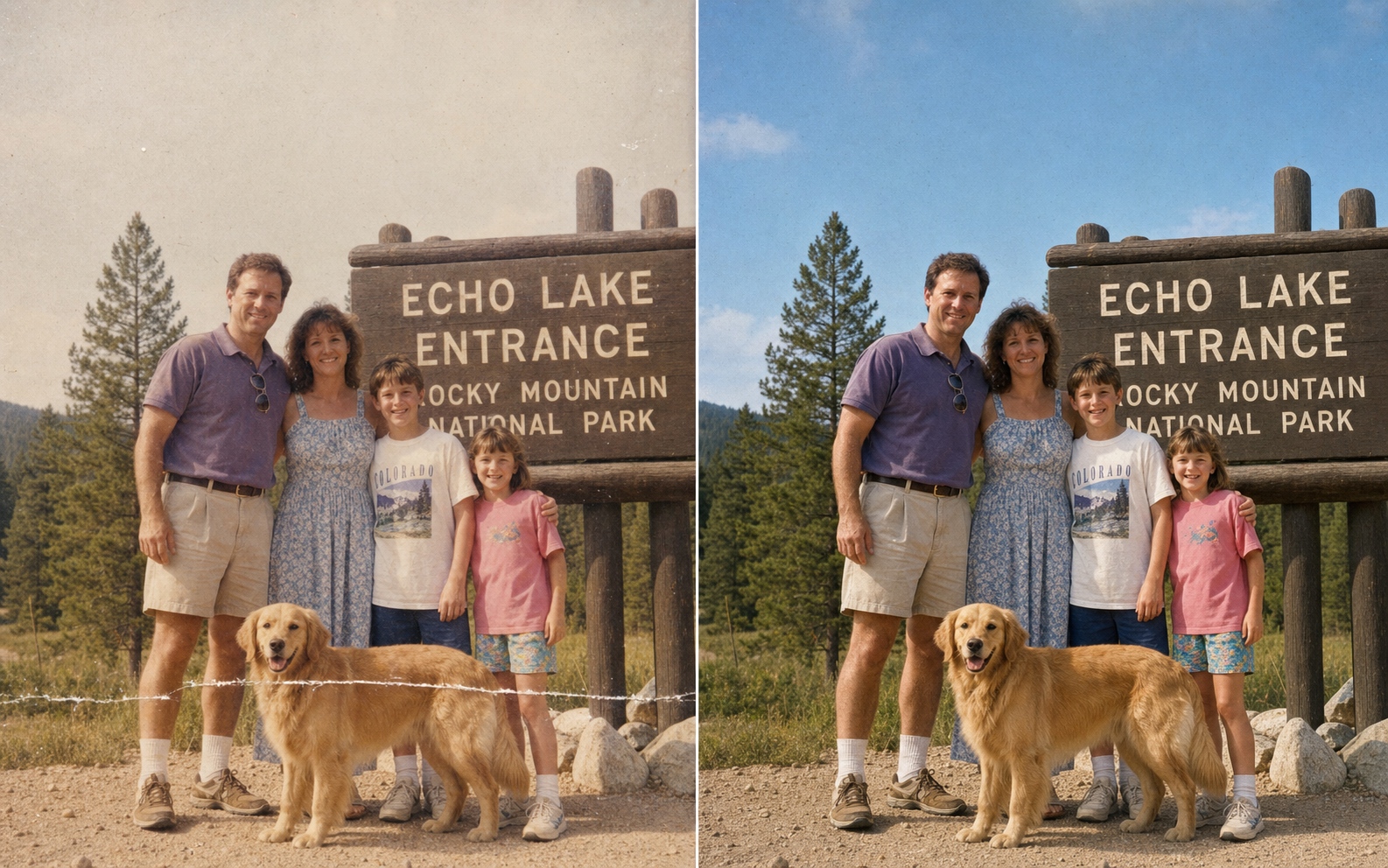 Before/after side-by-side of a mid-1990s family vacation snapshot showing two parents, two kids, and their golden retriever in front of a national-park entrance sign, original on the left with a faded sky and a long horizontal scratch across the dog, restored version on the right with natural color and the scratch gone but the same family, same dog, and same background preserved exactly.