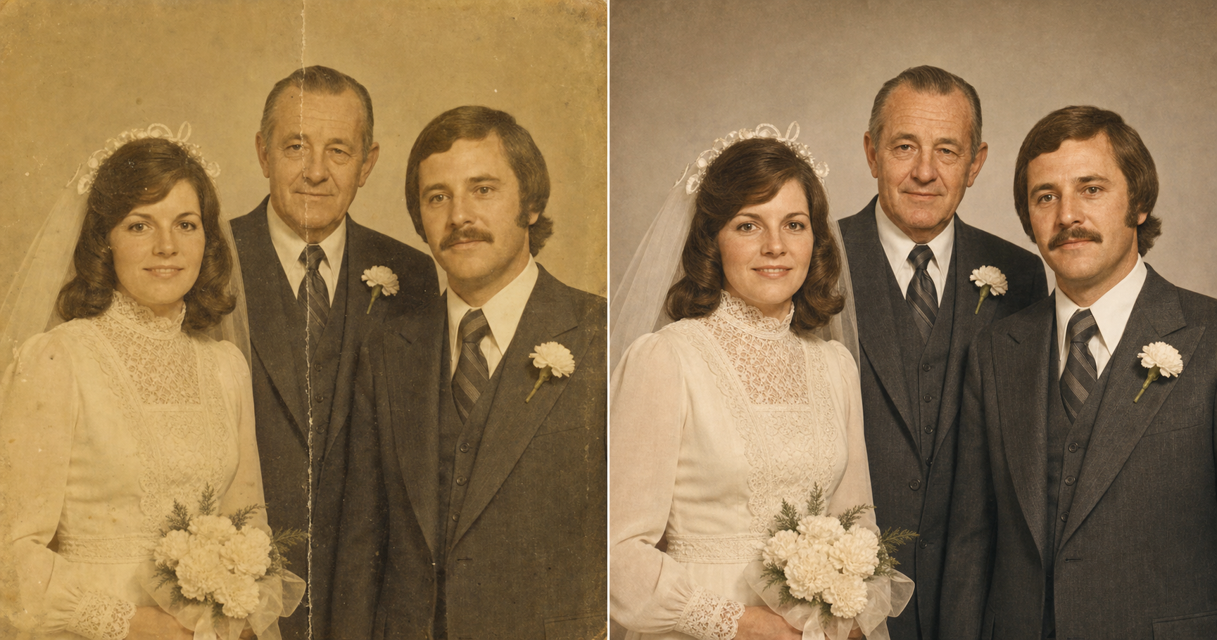 Side-by-side before/after of a yellowed 1974 family wedding portrait, original on the left with fading and a center crease, restored AI version on the right showing the bride, groom, and bride's father with the same faces, same clothes, and same period-correct 1974 styling. Visual proof that AI photo restoration can repair damage without changing the people.