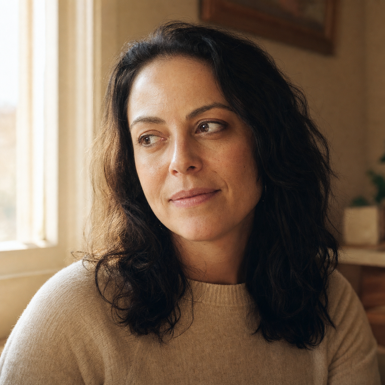 Realistic AI photo of the same 40-something woman with natural skin pores, 35mm film grain, and asymmetric soft window light, the fixed version after applying the waxy-skin override prompt.