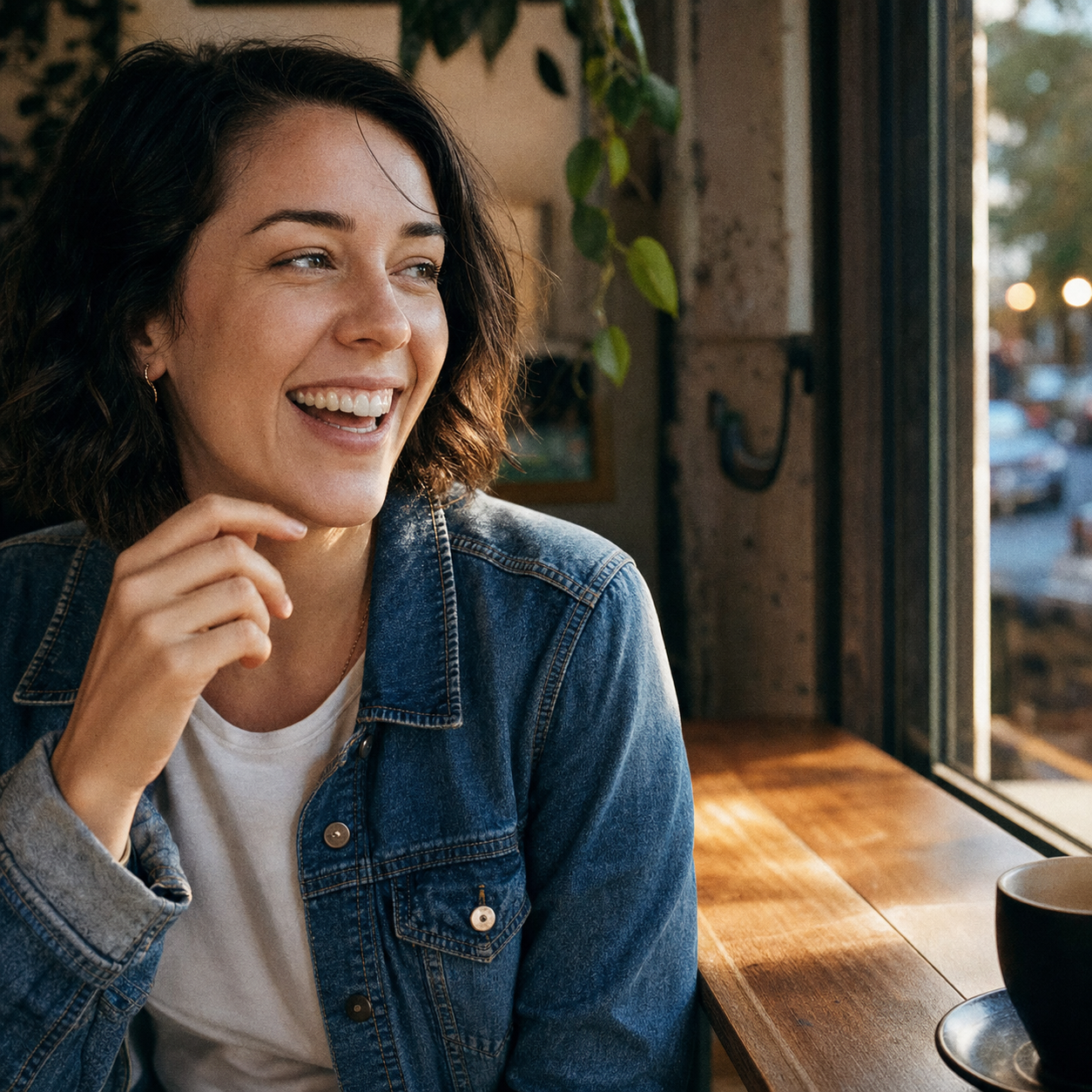 Candid AI generated Instagram profile pic of the same 32-year-old woman mid-laugh in an off-center coffee shop composition with warm window light, the fixed version after applying the platform-context plus present-tense verb prompt.