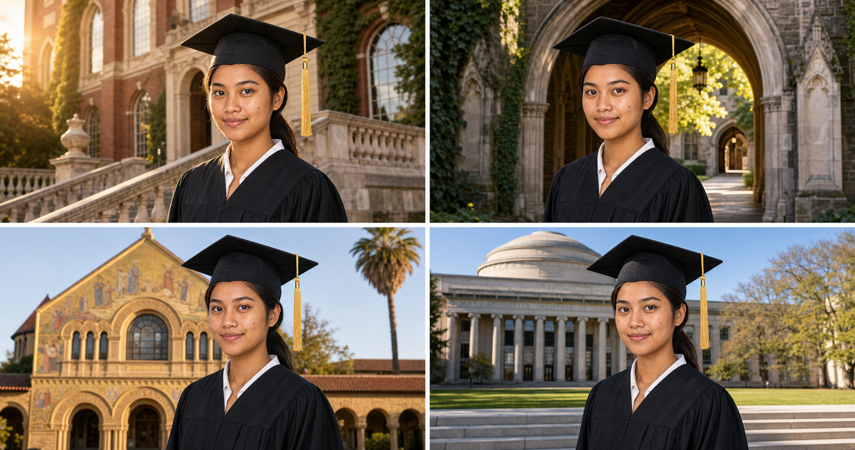 Four-panel preview grid: the same graduating student rendered at Harvard, Yale, Stanford, and MIT, identity-locked from one selfie.