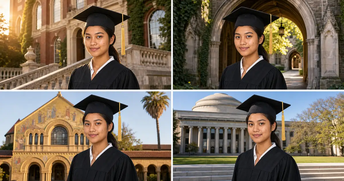 Four-panel preview grid: the same graduating student rendered at Harvard, Yale, Stanford, and MIT, identity-locked from one selfie.