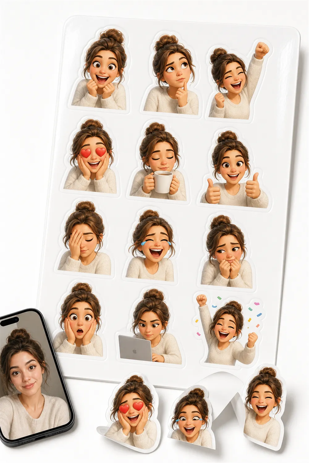A sticker sheet of the same person, generated from one selfie.