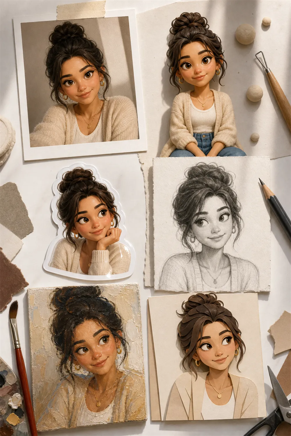 The same person rendered across photoreal, 3D, anime, and paint.