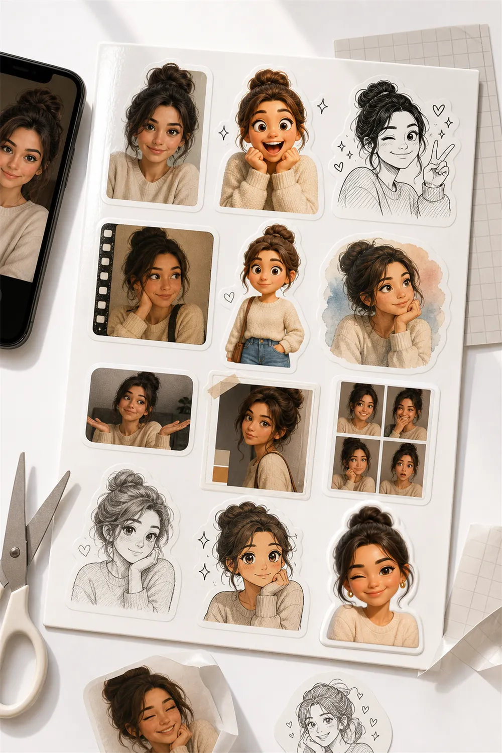 A mixed-style sticker sheet of the same person.